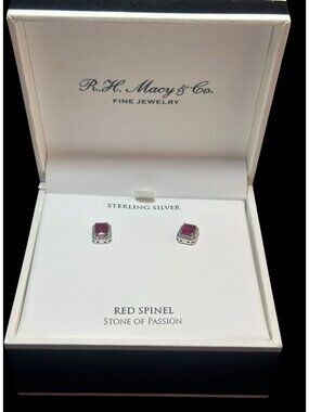NIB Macy’s Sterling Silver Red Spinel Emerald Cut Halo Stud Earrings Boxed